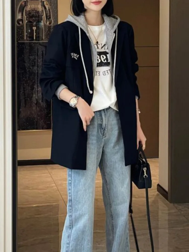 Marynarka damska marynarka z kapturem 2023 damski, wiosenny jesienna luźna w stylu Retro w stylu Casual, cienka marynarka biurowa, damska francuski