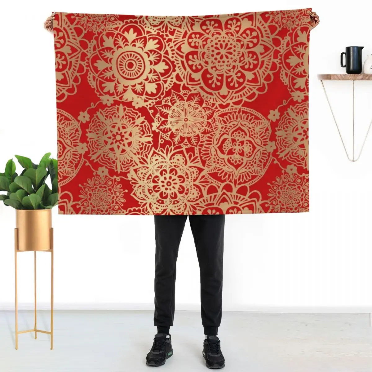 

Red and Gold Mandala Pattern Throw Blanket Elegant Warm Throw Blanket for Hotel Home