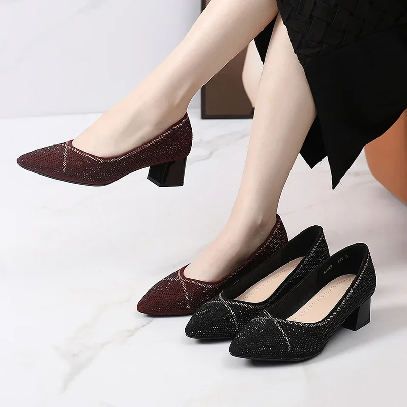 Genuine Leather Woman Shoes Pointed Toe Rhinestone Pumps Thick Heel Party Wedding Shoes Female Loafers Ladies Dress High Heels