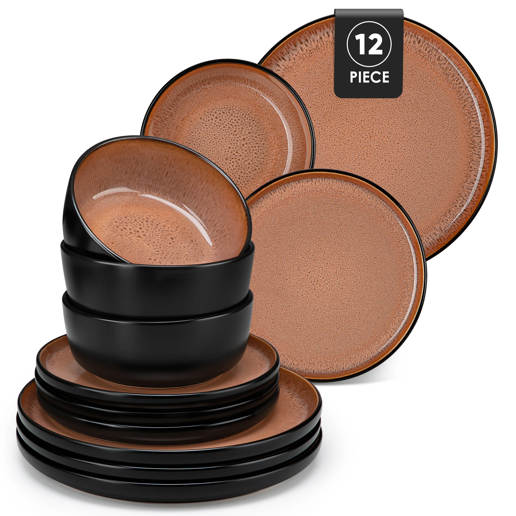 vancasso AMBER 12/16-delige keramische serviesset matzwart steengoed bordenset met 4/6 stuks dinerbord/dessert/kom/soep
