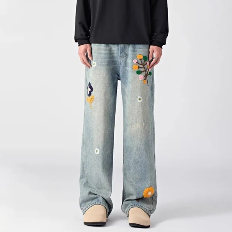 American Streetwear Floral Embroidered Baggy Jeans Men's High Street Fashion Blue Denim Pants Autumn Y2K Straight Leg Jean