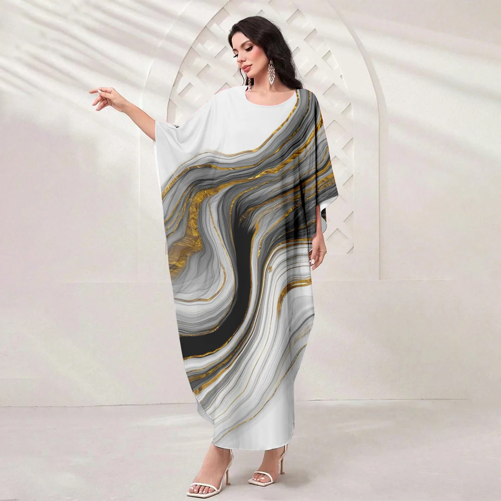 Eid Al-Fitr Muslim Long Dress Arab Women Bat Sleeve Loose Robe Ladies Elegant Party Dress O Collar Robe Jarabiya 2024