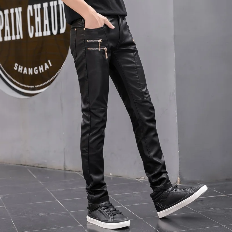 2025 New Riding Leather Pant Fashion Zipper Desgin Slim Fit Faux Leather Pants High Quality Men Casual Skinny Pants Streetwear