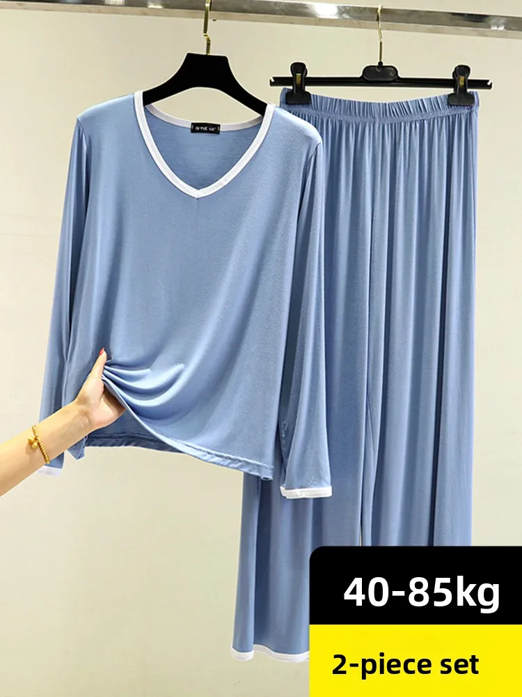 

Loose plus Size Modal Sleepwear V-Neck Long Sleeve Thin Set Casual Pants Cotton T-Shirt Outerwear Slimming Home Clothes