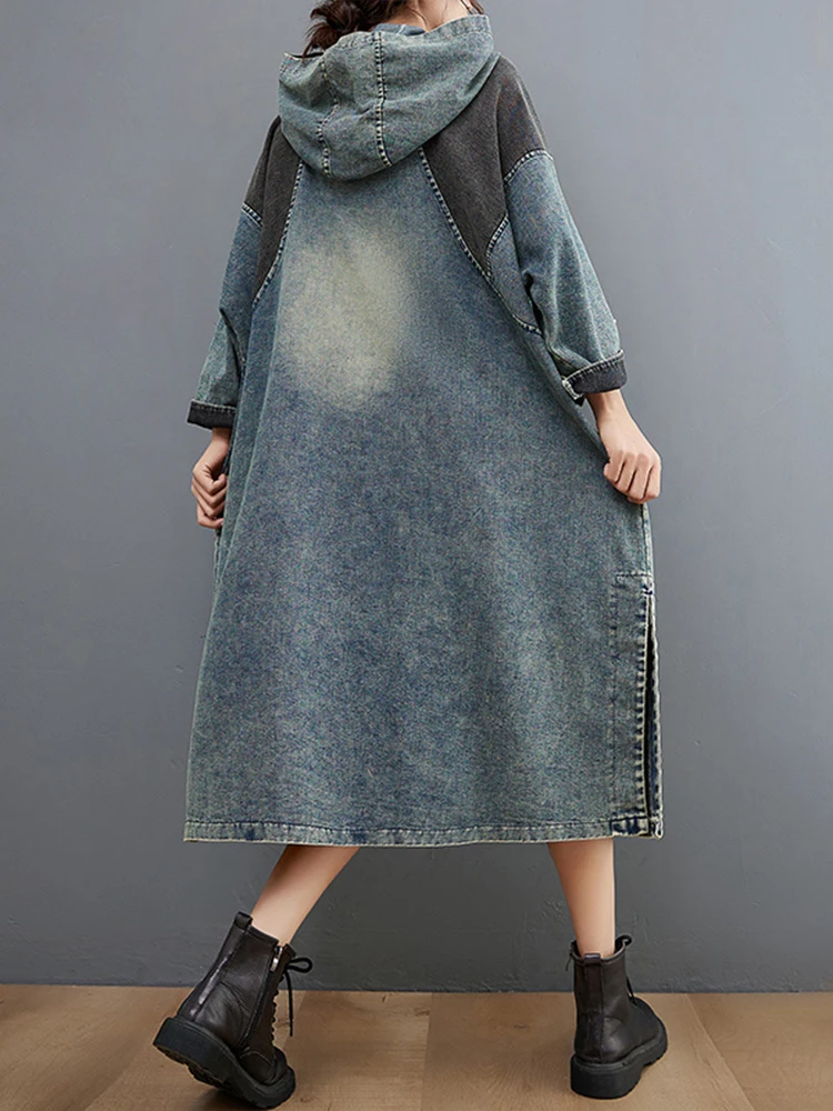 Max LuLu 2022 Winter Women Loose Vintage Hooded Design Denim Dresses European Style Casual Patchwork Long Vestidos Pockets Dress