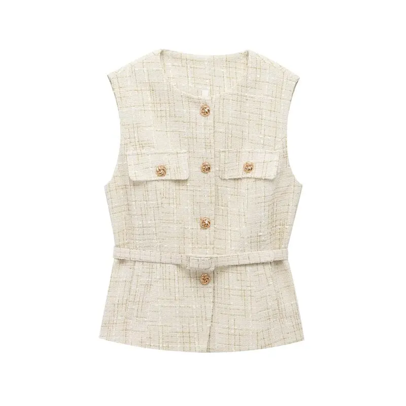 2024 Autumn New Women's Vest Comfortable Texture Belted Beaded Versatile Style Commute Fashion Single Button Closure