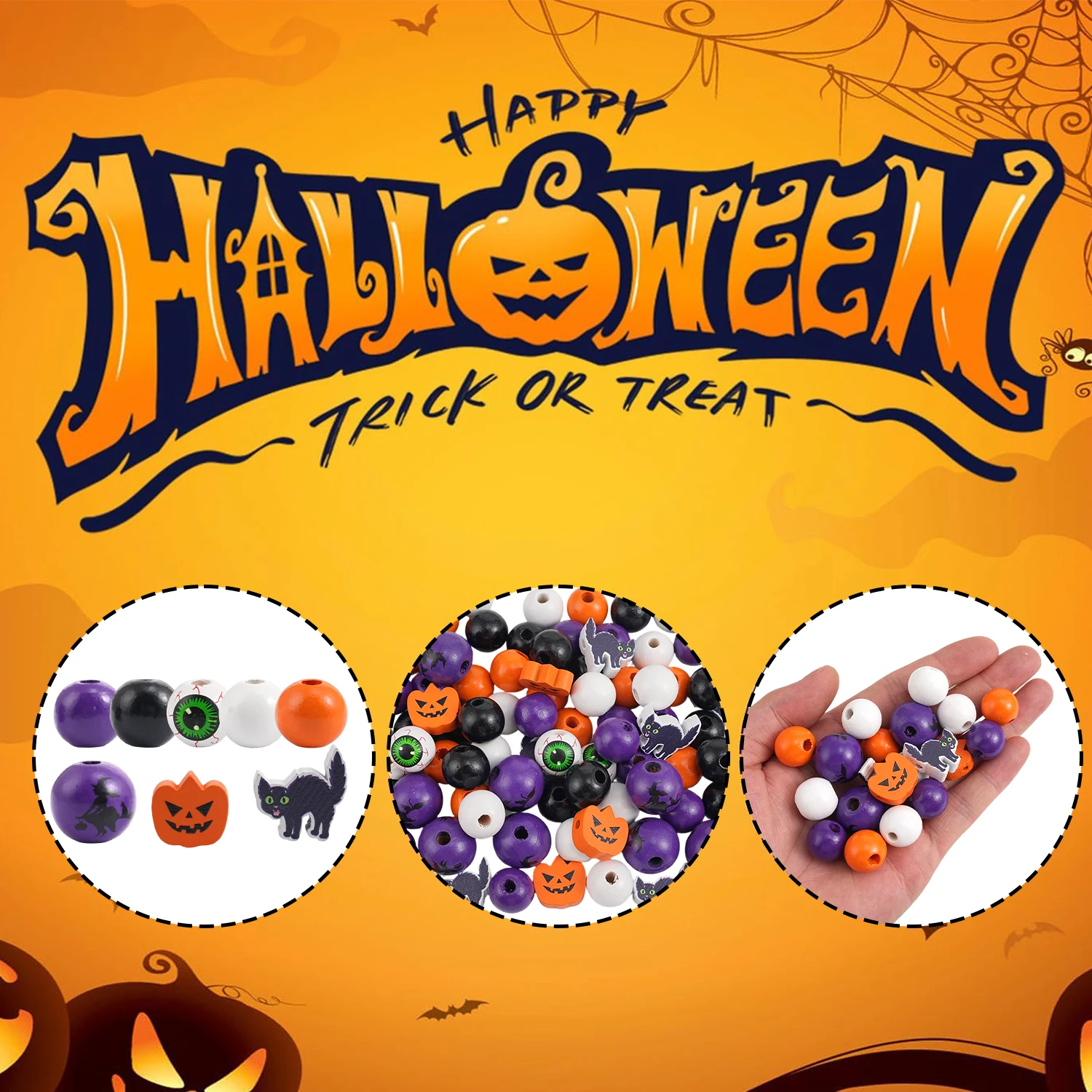 Halloween Wooden Beads Pumpkin Black Cat Witch Eyeball Pattern Mixed Color Round Wood Beads DIY Garland Jewelry Party Craft Deco