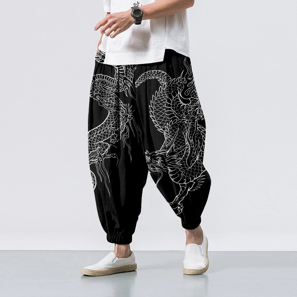 Anime Dragon Splicing Printed Fashion Beach Harem Pants Men Hip Hop Nine Points Trousers Boys Jogger Sweatpants