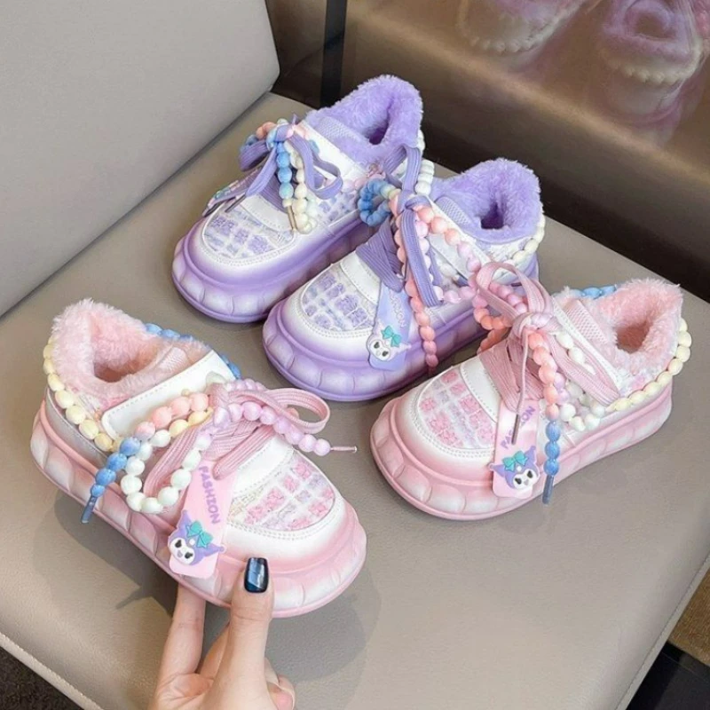 

Kids'Casual Shoes Kuromi Lace PU Leather Winter Outdoor Sports Shoes For Girls Anti-slip Keep Warm Purple Pink Size 26-37