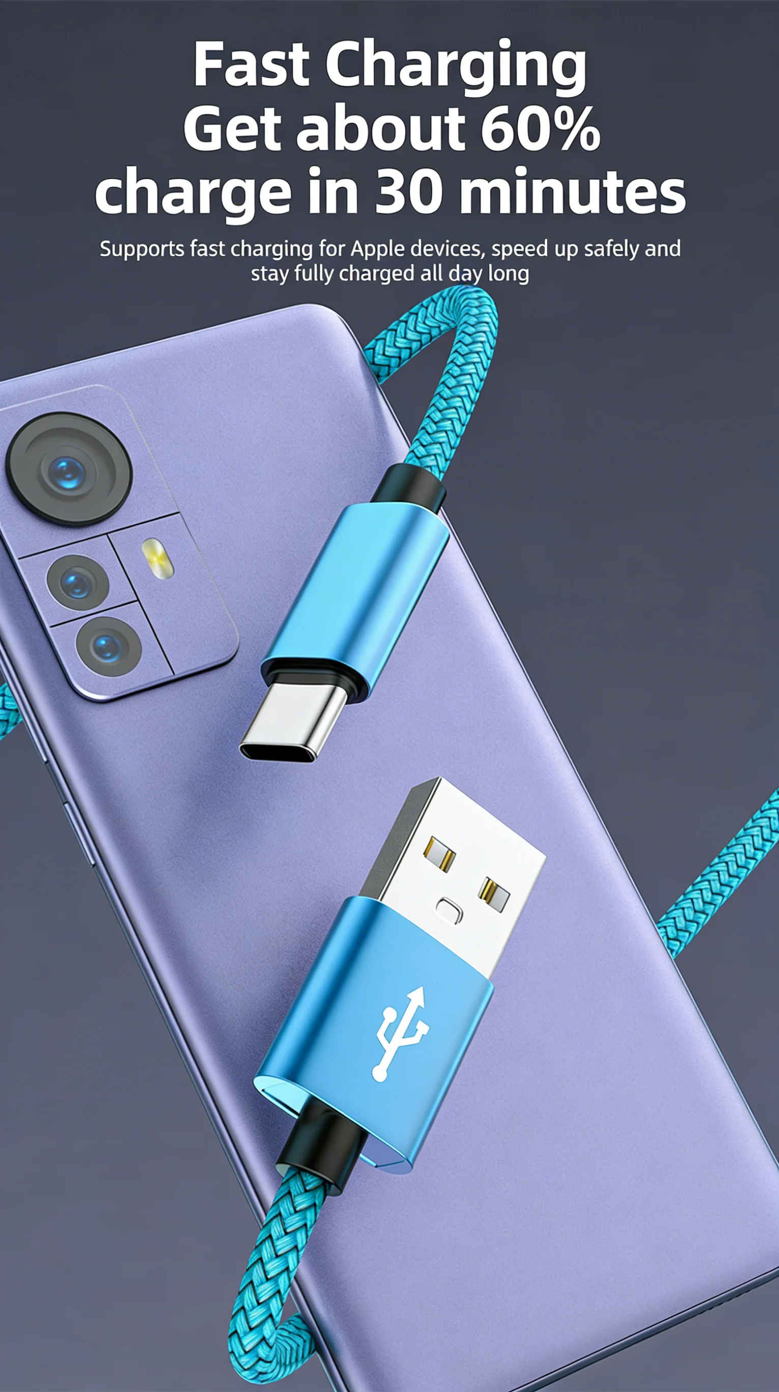 USB Type-C Cable 2.4A Fast Charging Data Sync Nylon Braided For Samsung Huawei Android 1M 2M 3M