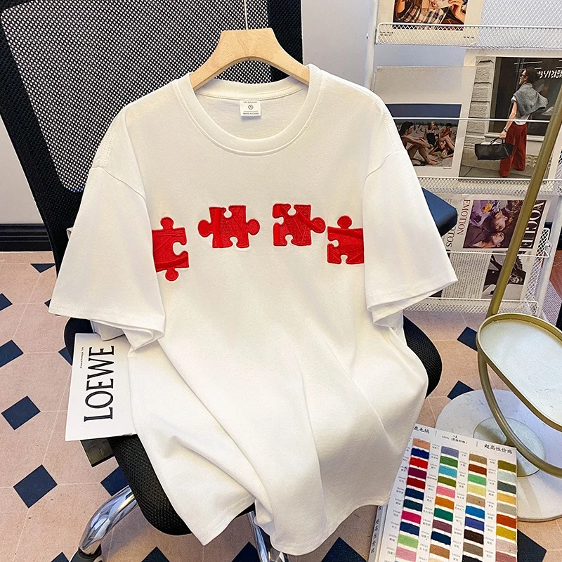 

Модная вышитая футболка из чистого хлопка, свободного кроя, повседневная, молодежная, летняя, с круглым вырезом, топ