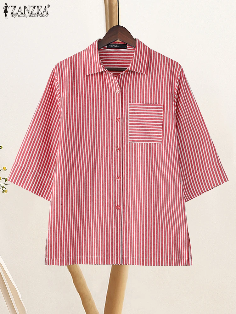 

2025 Autumn Elegant Shirts ZANZEA Women Blouse Office Striped Shirt Casual Lapel Neck 3/4 Sleeve Tops Female OL Work Blusas