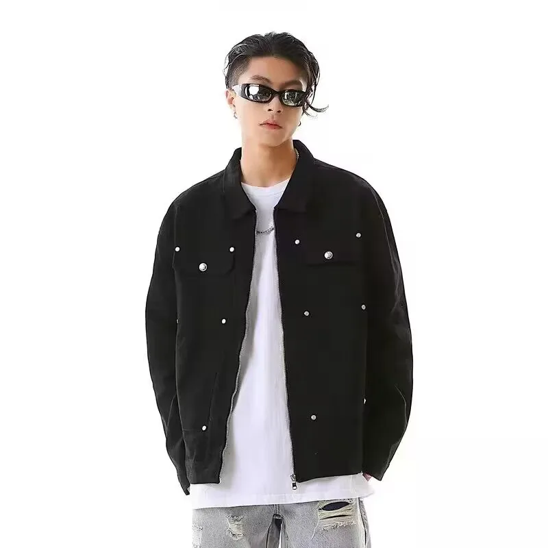 

American High Street Sle Men's Loose Fit Zipper Denim Jaet Trendy Brand Spring Autumn Casual Workwear with kets