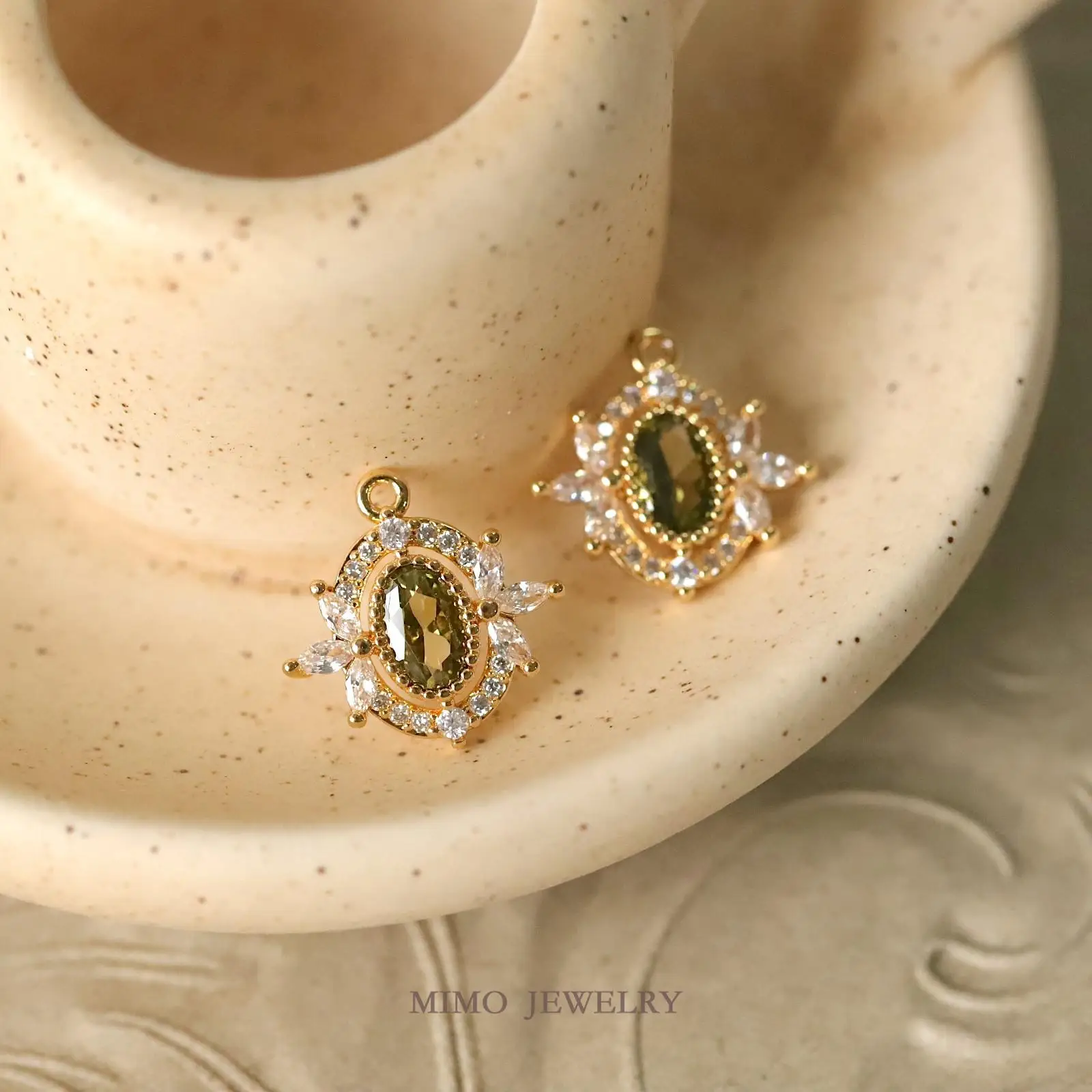 Antique Style Lace Oval Olive Green Zircon Charms Pendant Supplies DIY Hand Brass Gold Plated Accessories 13.8x13.9mm