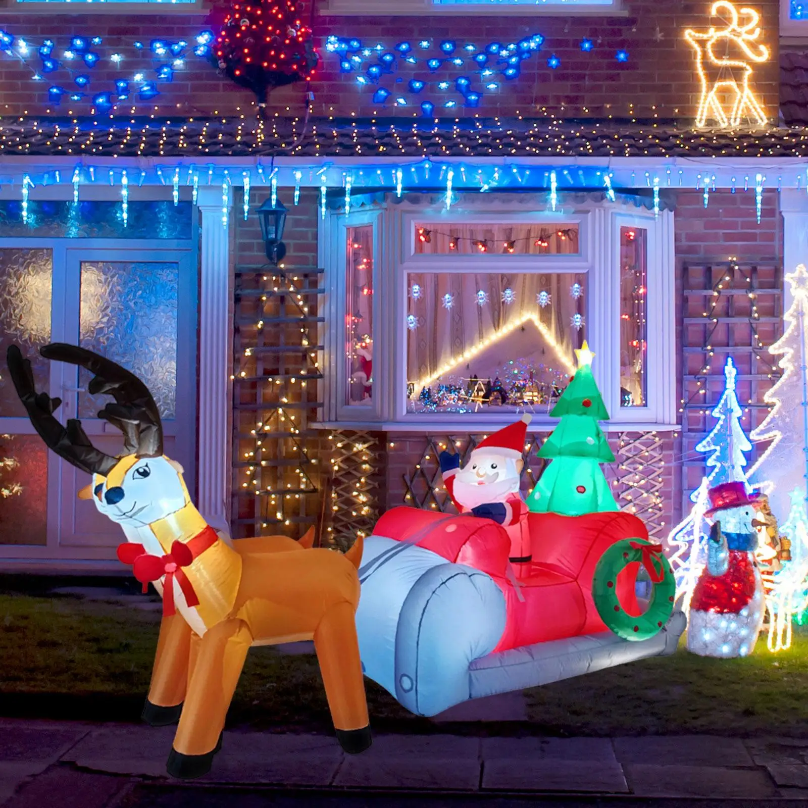 

Надувная рождественская декорация Санта-Клауса со светодиодной подсветкой, светящаяся игрушка на санях, буксируемых оленями, для газона, двора, входной двери