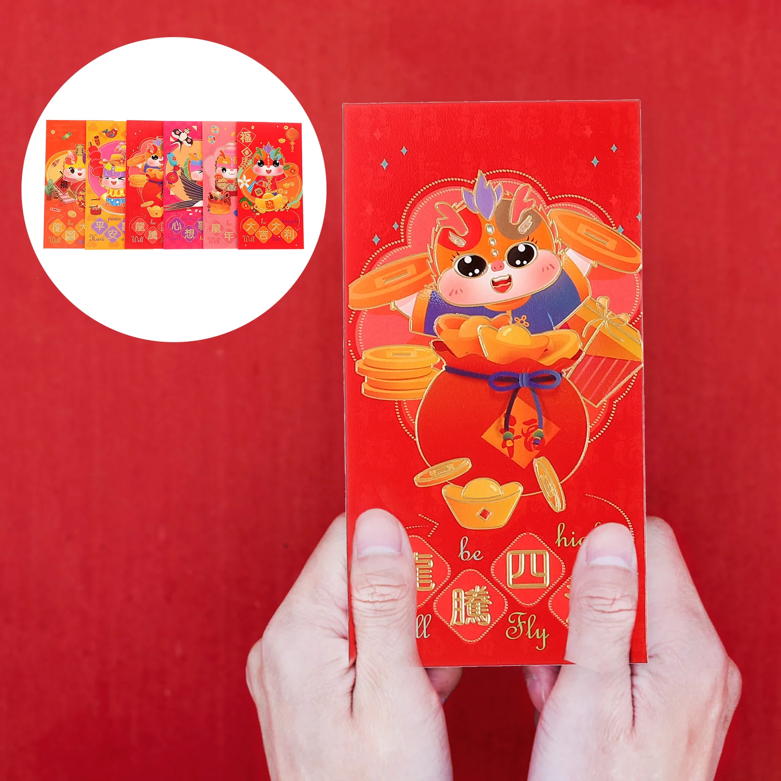 

6Pcs Dragon Year Red Envelopes Chinese Traditional Paper Red Packets Cartoon Style Luck Money Bag Festival New Year 2024