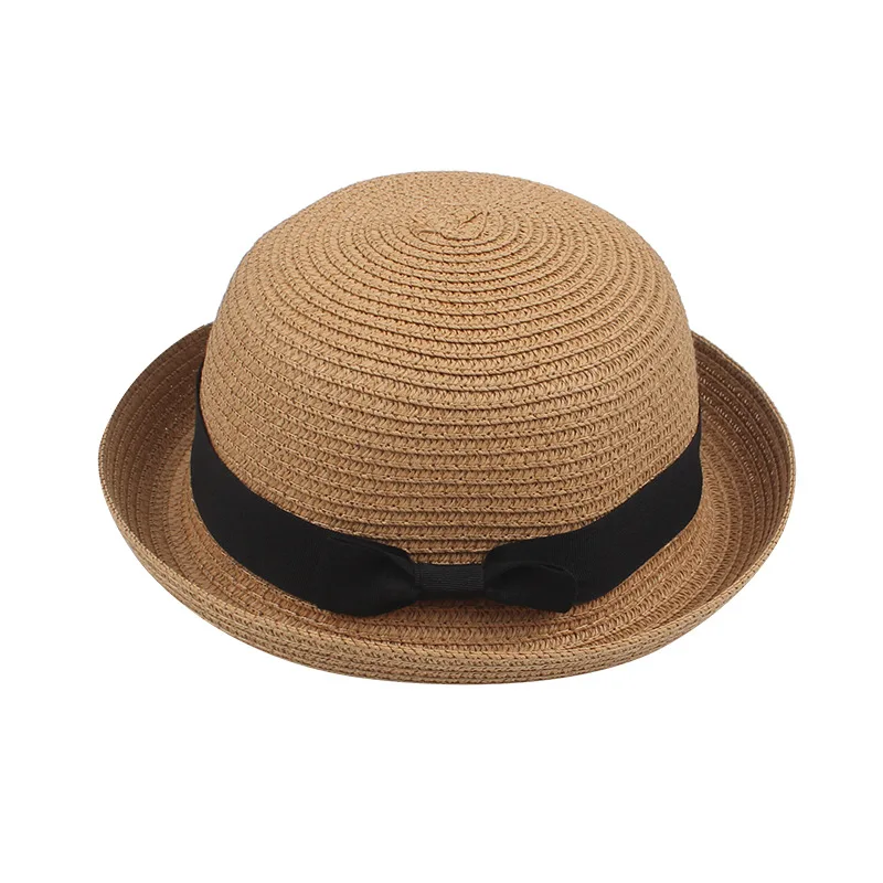 Women\'s Summer New Travel Korean Edition Curled Fashionable Top Hat Cute Round Top Simple and Casual Bow Straw Hat