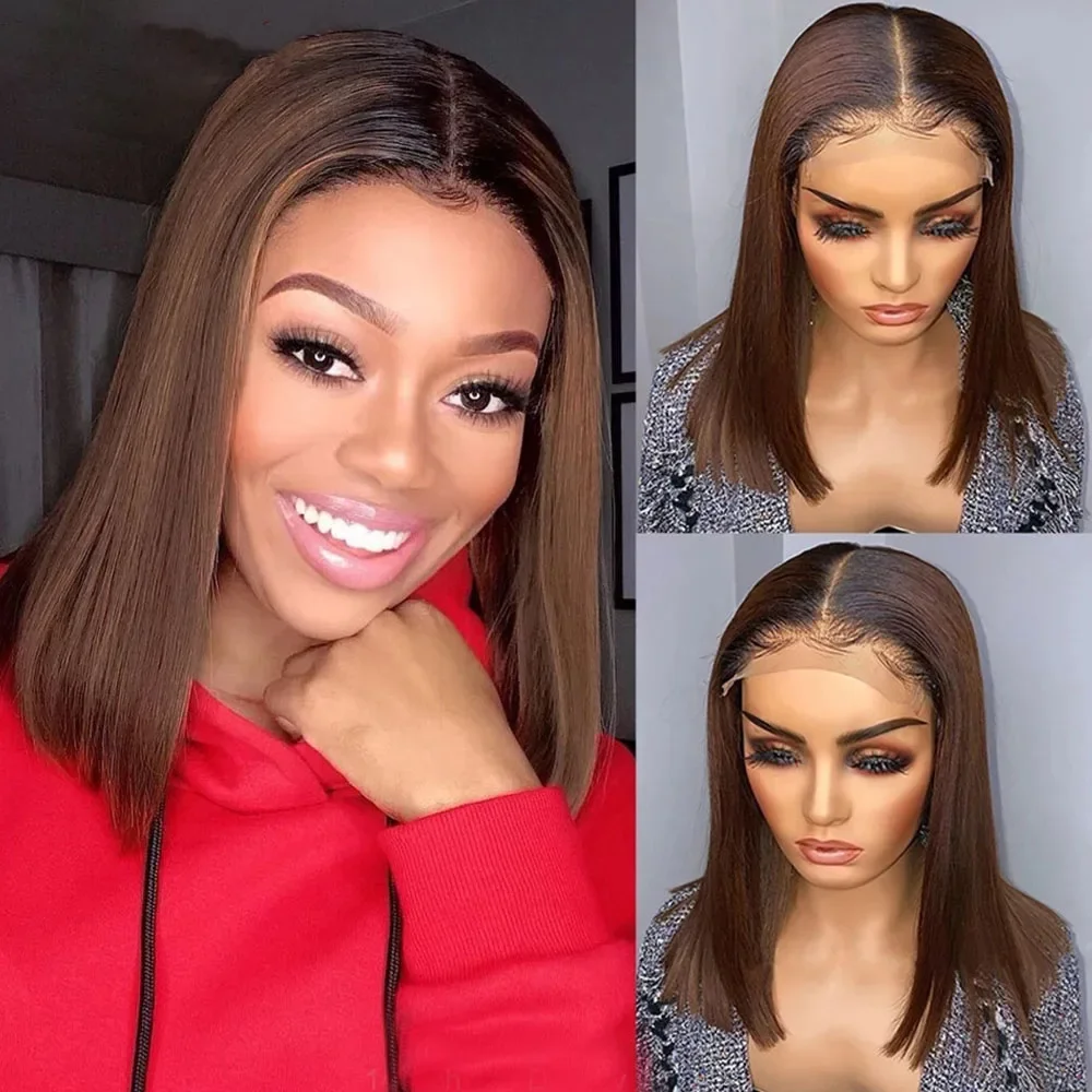 

180Density Long 22Inch Ombre Brown Soft Silky Straight Lace Front Wig For Women Baby Hair Heat Resistant Glueless Daily