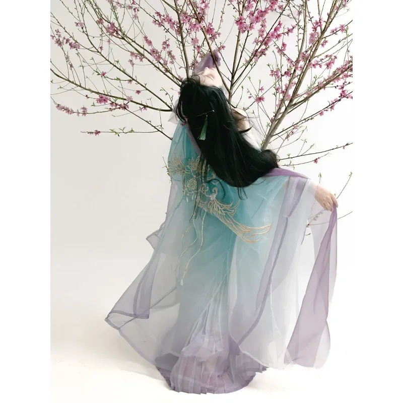 Vestido feminino de princesa Tang Dynasty, vestido hanfu, gradiente azul e rosa elegante, terno hanfu, roupa cosplay, 2024