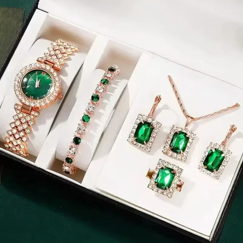 6pcs Women's Fashion Quartz Watch Luxury Green Simulated Watch Women's Watch and Accessories Set