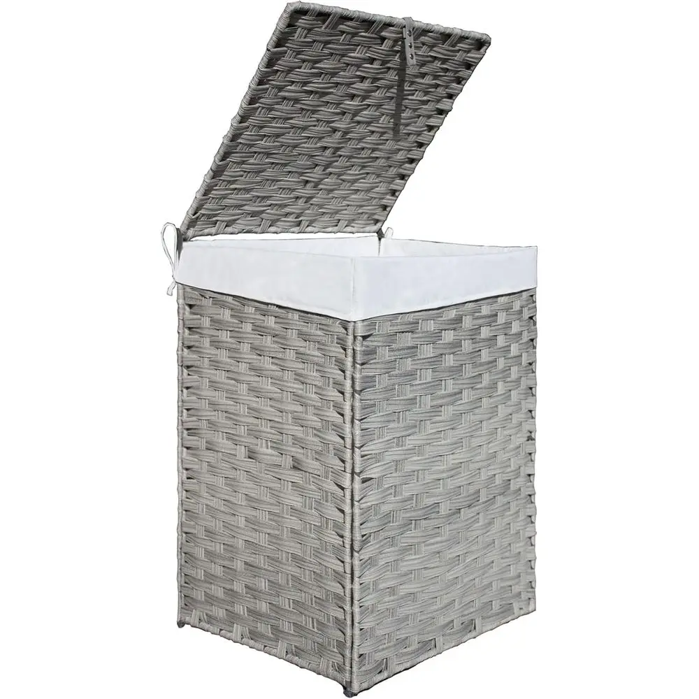 

Корзина для белья из ротанга на 24 галлона с двумя отделениями, крышкой и съемным вкладышем, идеально подходит для дома и ванной комнаты, серая