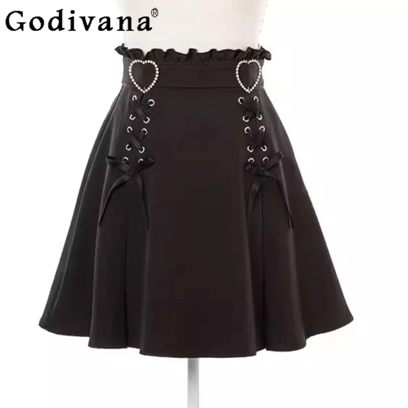 

Large Size Japanese Lolita High Waist A-line Japanese Short Skirt Cute Girls Versatile Age Reduction College Black Lace Skirts