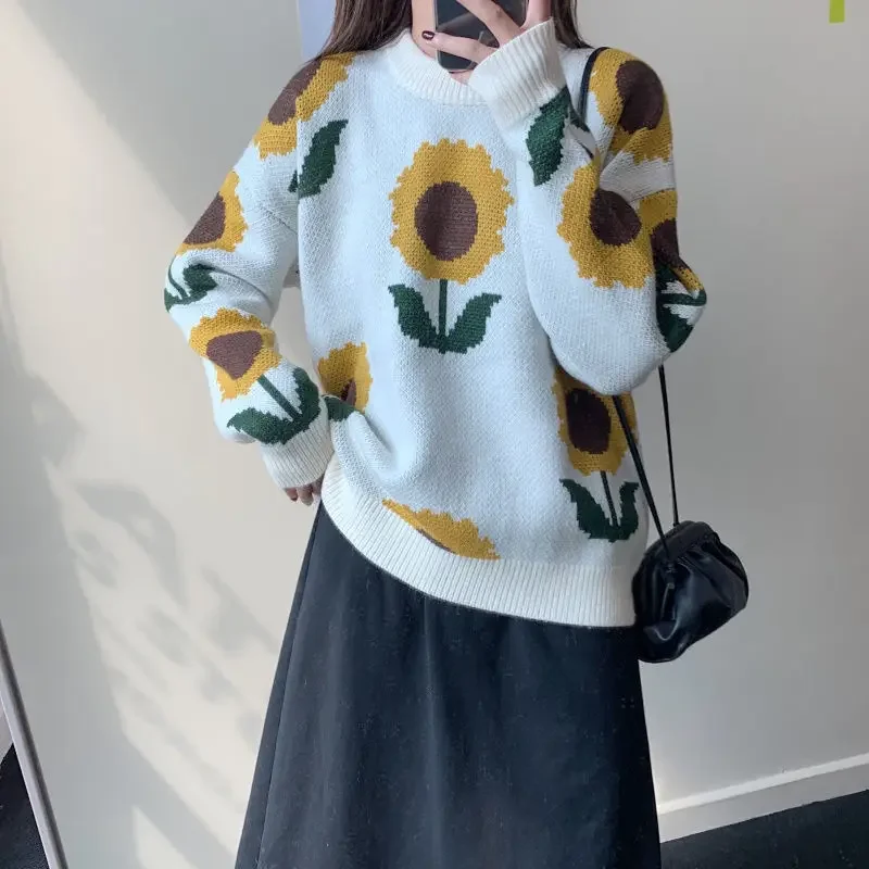 2024 Autumn and Winter Korean Version Outerwear Pullover Sunflower Knitted Sweater Women\'s New Round Neck Knitted Pullover