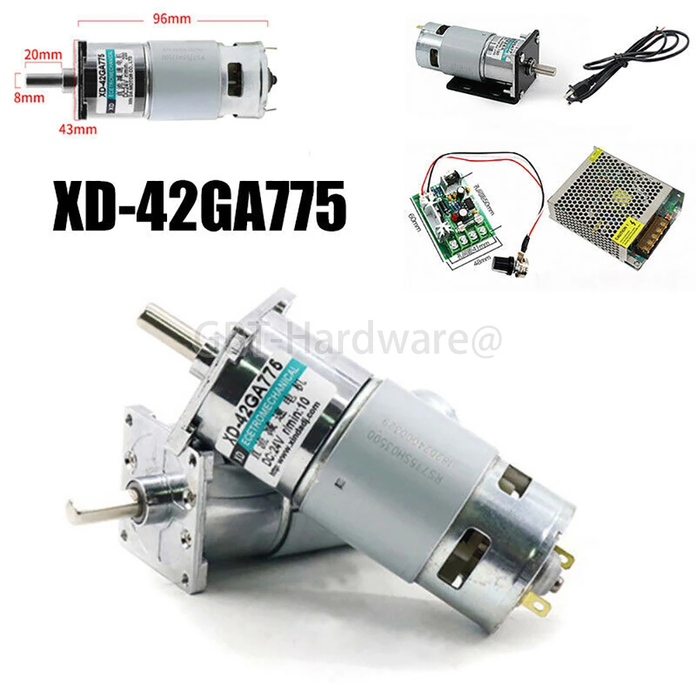 

12V 24V DC Gear Motor 25W 10RPM - 600RPM CW CCW High TEMP 100°C Torque 60KGF.CM Full Metal Gear 0.13A - 0.8A XD-42GA775 Robot