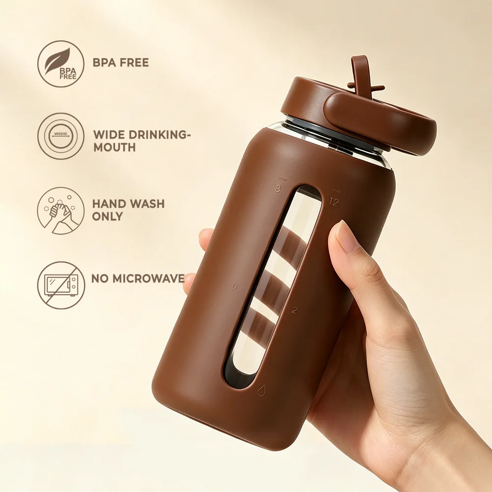 600ml,800ml Sports Drinking Straw Glass Water Bottle with Silicone Protective Cover,Handle,Scale,Single Layer,Portable Glass MUG