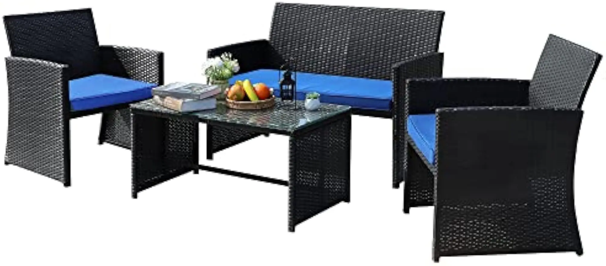 Set teras 4 buah, Set furnitur teras, furnitur balkon, Set furnitur teras anyaman, Set percakapan teras, Set teras luar ruangan