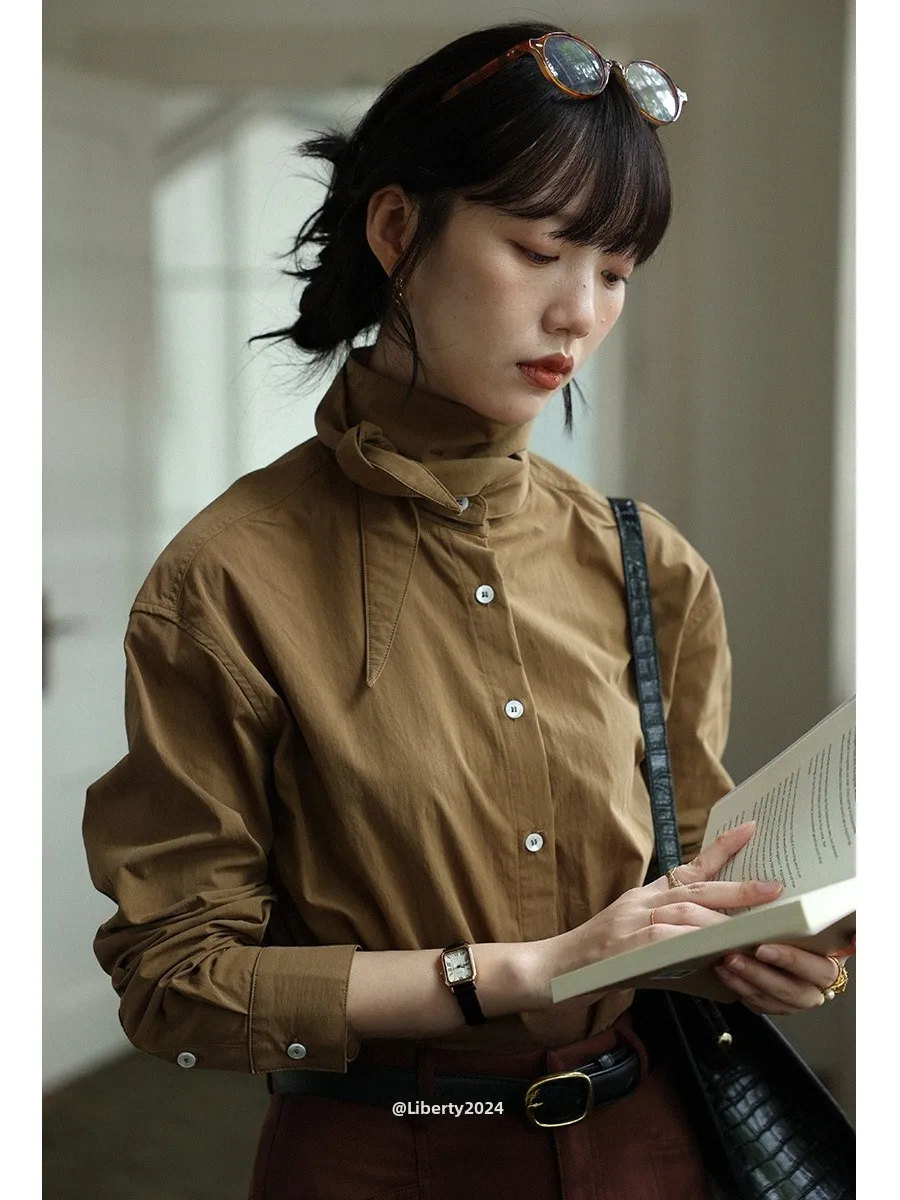 

French Sle Knot Collar irt Women's Slim Fit Cotton Nylon Blend Long Sve Regular Length Pure Color irt