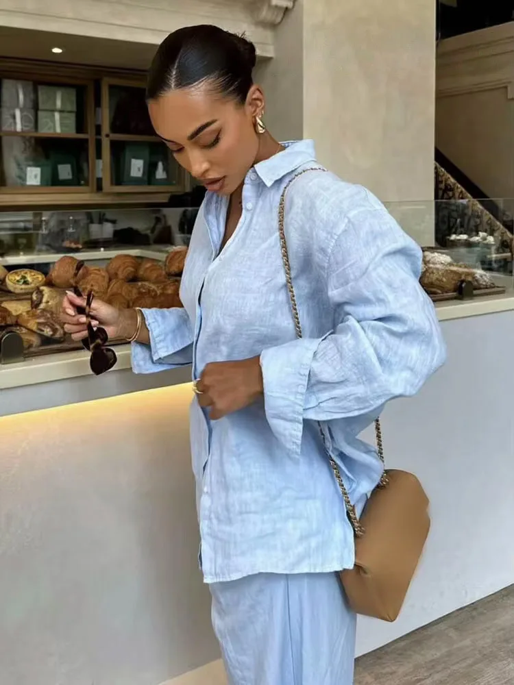 

HH Women Fashion Versatile Single-breasted Hem Slit Design Casual Shirt Top+Elegant High Waist Zipper Loose Long Pants Suit