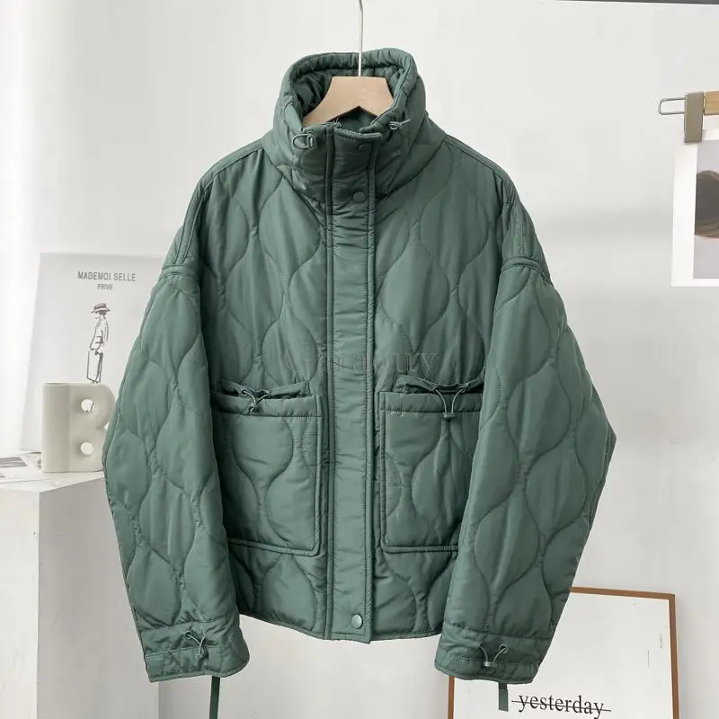 Garaouy 2023 Autumn Winter New Women Parka Coat Loose Stand Collar Pocket Cotton Clothes Female Green Jacket Warm Outwear Mujer