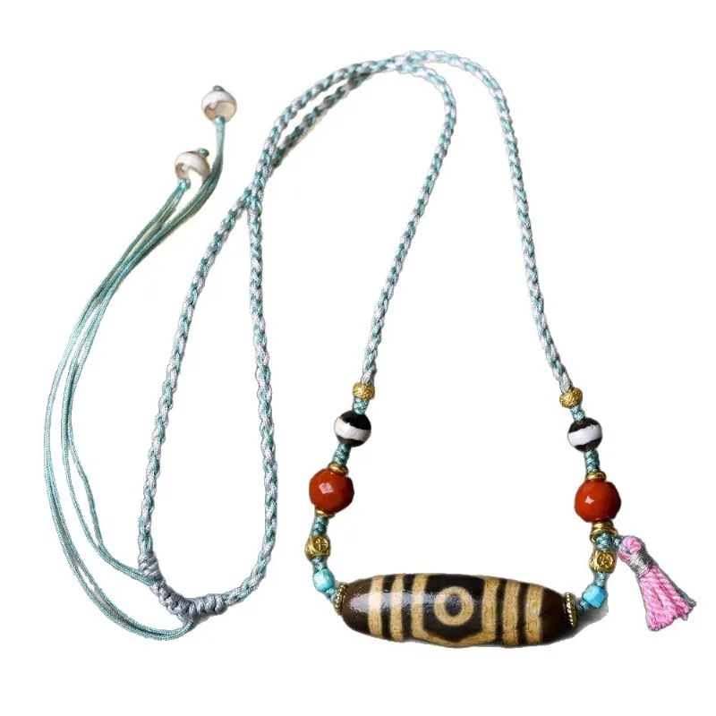 Tibetan Agate Three Eyed Dzi Bead Necklace Vintage Patina Tibetan Style Adjustable Necklace for Women Gifts