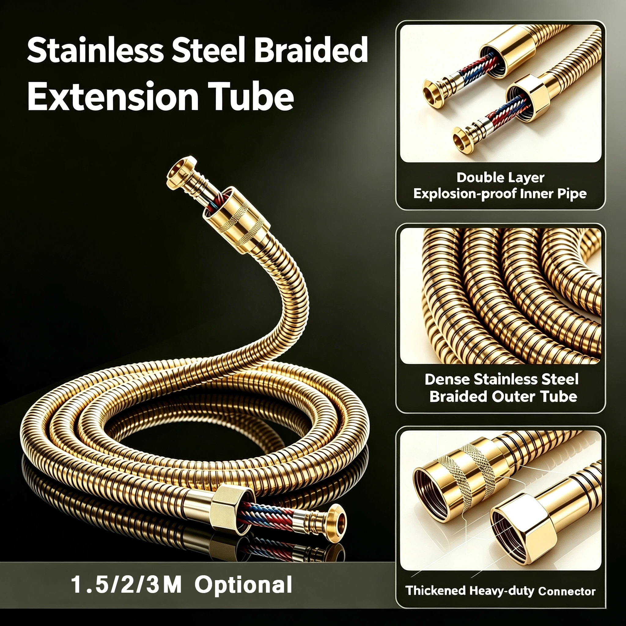 Flexible Hose Braided - 1.5/2/3M Gold Stainless Steel Braided Inner