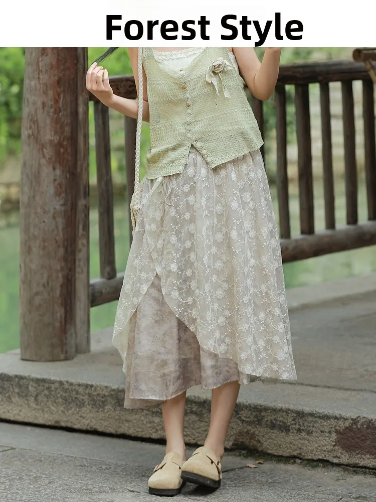 New Chinese Style Watercolor Lace Splicing Holiday Skirt Fairy Tale Forest Girl Half Skirt High Waist A-Line Polyester Nylon