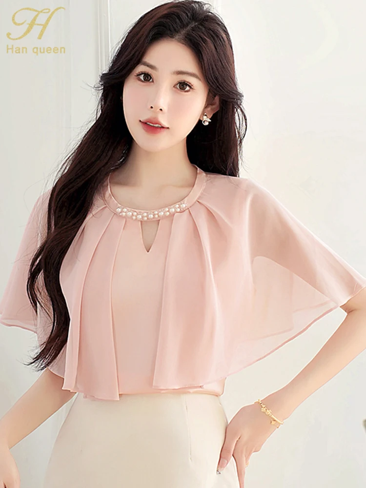 

H Han Queen Summer Bead Vintage Casual Top Chiffon Office Blouse Elegant Simple Loose Bat Short Sleeved Women's Shirt & Blouse
