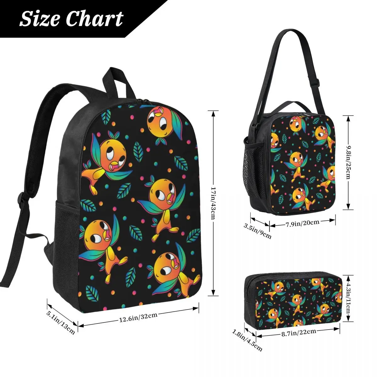 Orange Bird Backpack Student Boys Girls BookBag School Bag Computer Shoulder Bags 3ps Insulated Lunch Bag Pencil Case