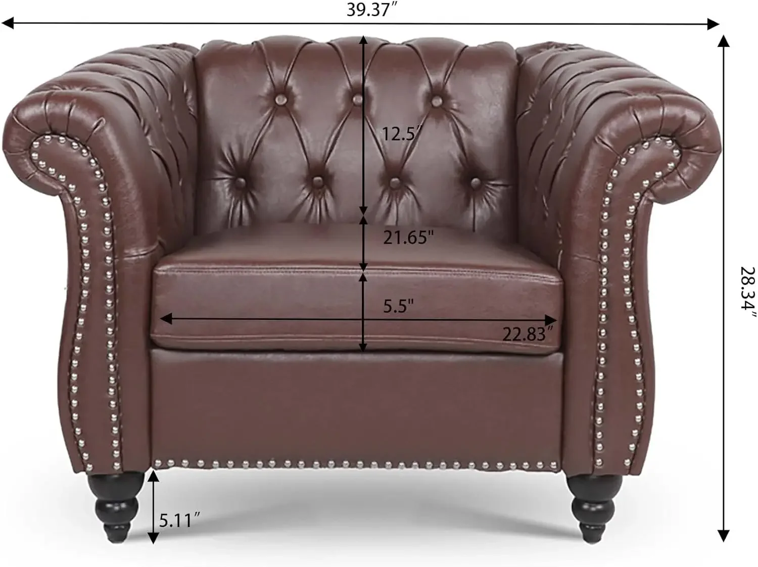 Silla Chesterfield de cuero, sofá individual moderno de mediados de siglo, sillón enrollado para el hogar, dormitorio, sala de lectura (marrón oscuro)