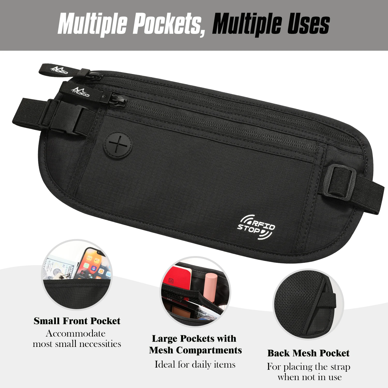 MoKo Secure Travel Money Belt, Undercover Hidden RFID Blocking Travel Wallet, Anti-Theft Passport Wallets for Men Women