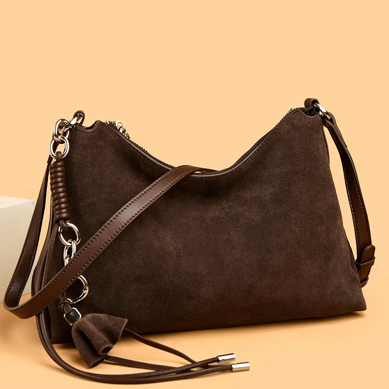 100% Echtes Wildleder Damen Schulter-Umhängetaschen Retro Echtleder Handtasche Designer Große Kapazität Pendler-Handtaschen – Detail 26