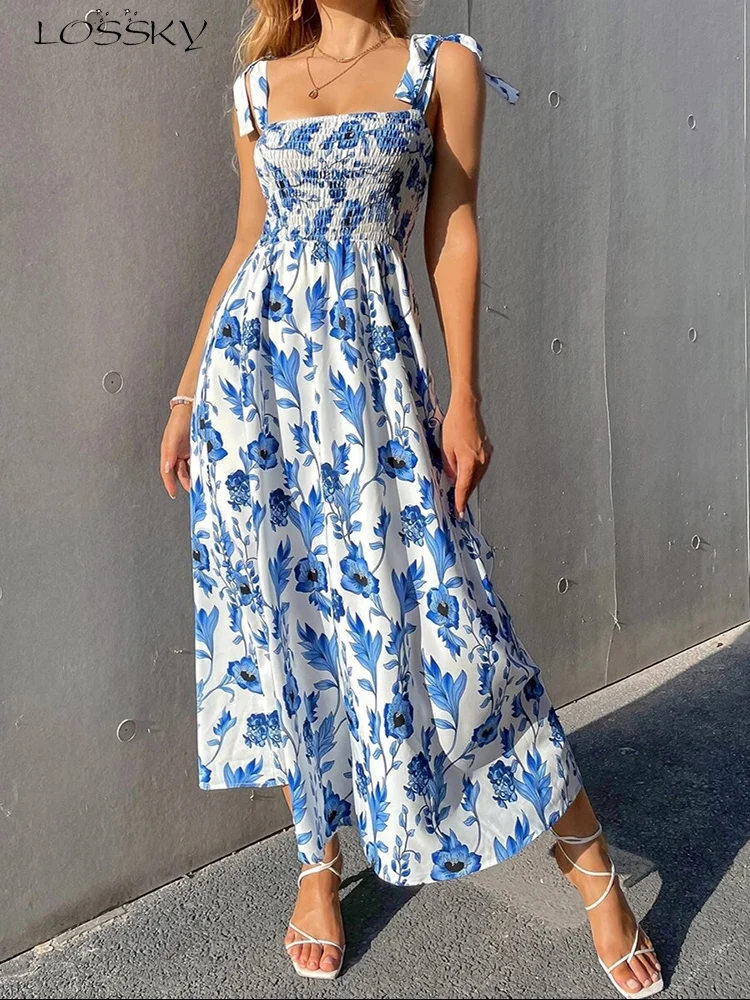 Sexy Floral Long Dress Women Fashion Backless Sleeveless Bandage Beach Sundress Casual Green Summer Ladies New In Dresses 2023