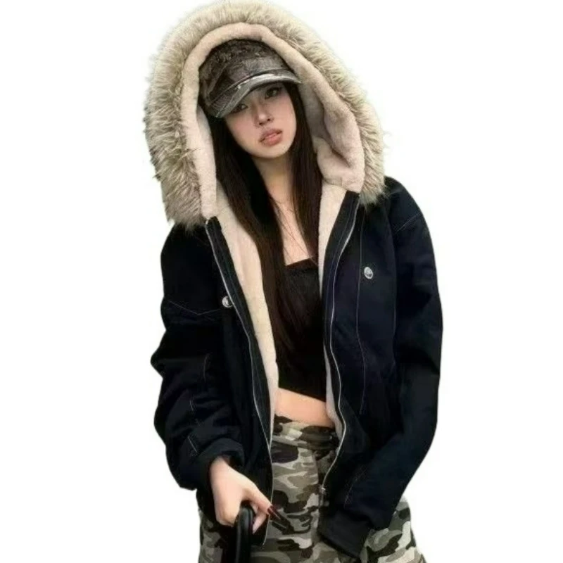 

Zipper Cotton Jacket for Women in Autumn Winter2026 New Style with Mountain Carved Fur Collar Thickened Short Cotton Outerwear