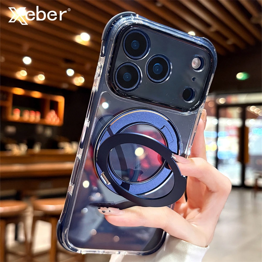 Luxuriöse transparente Acryl-Aluminiumlegierung Handyhülle mit magnetischem Ständer für iPhone 13 14 15 16 17 Pro Max, drehbare Klapphalterung