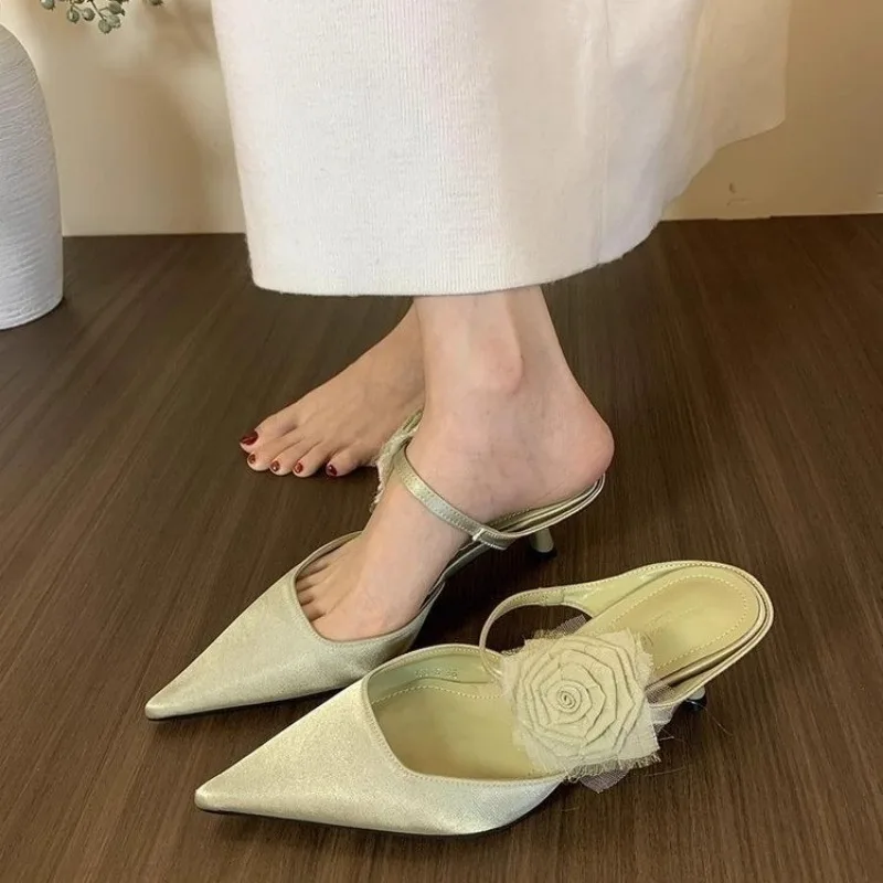 

Low-heeled Front-opening Summer New Style Women's Outerwear French-pointed Half-trousers with Fine Heels