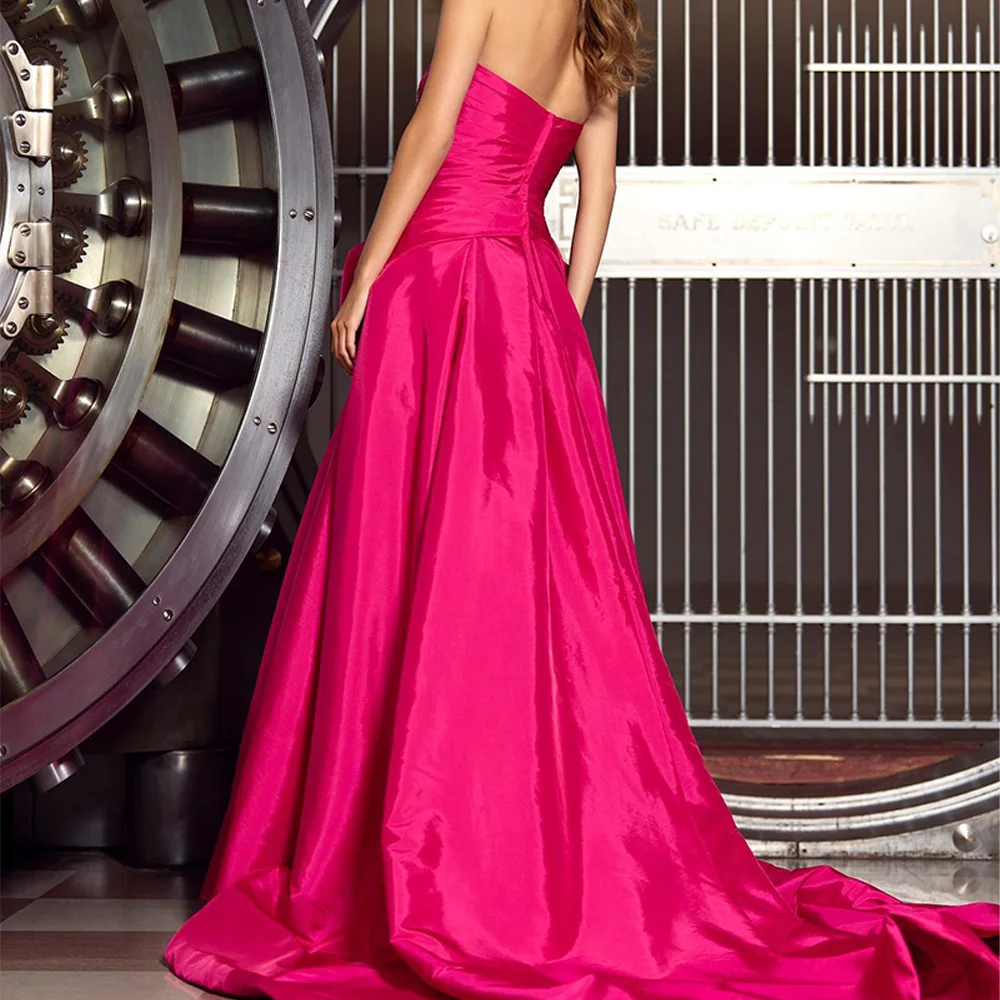 Customized  Classic Pure Pink Satin Strapless Evening Dress Sexy A-Line Side Slit Sleeveless Pleats Sweep Train for Pr