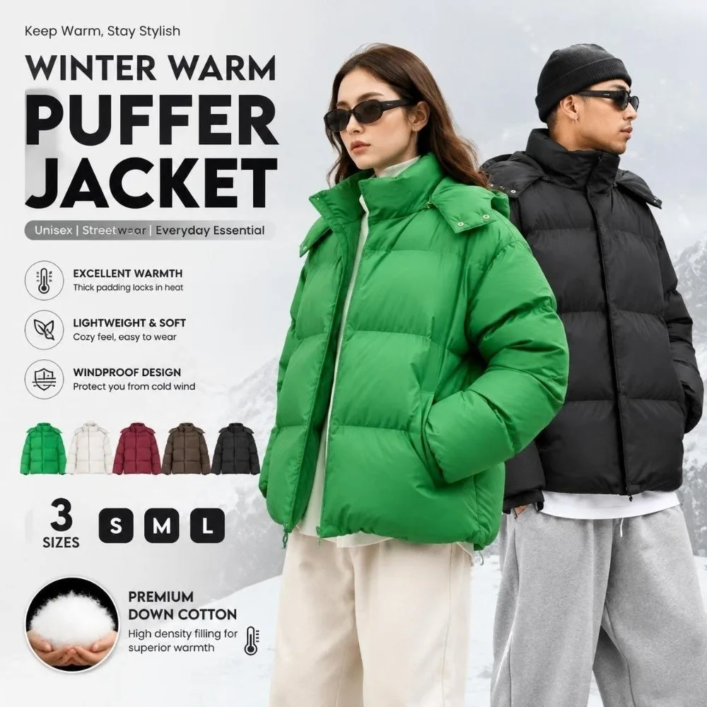 Oversized Hooded Puffer Jacket Thickened Cold Proof Short Hooded Jacket Casual Outerwear Loose Fit Insulated Puffer Coat