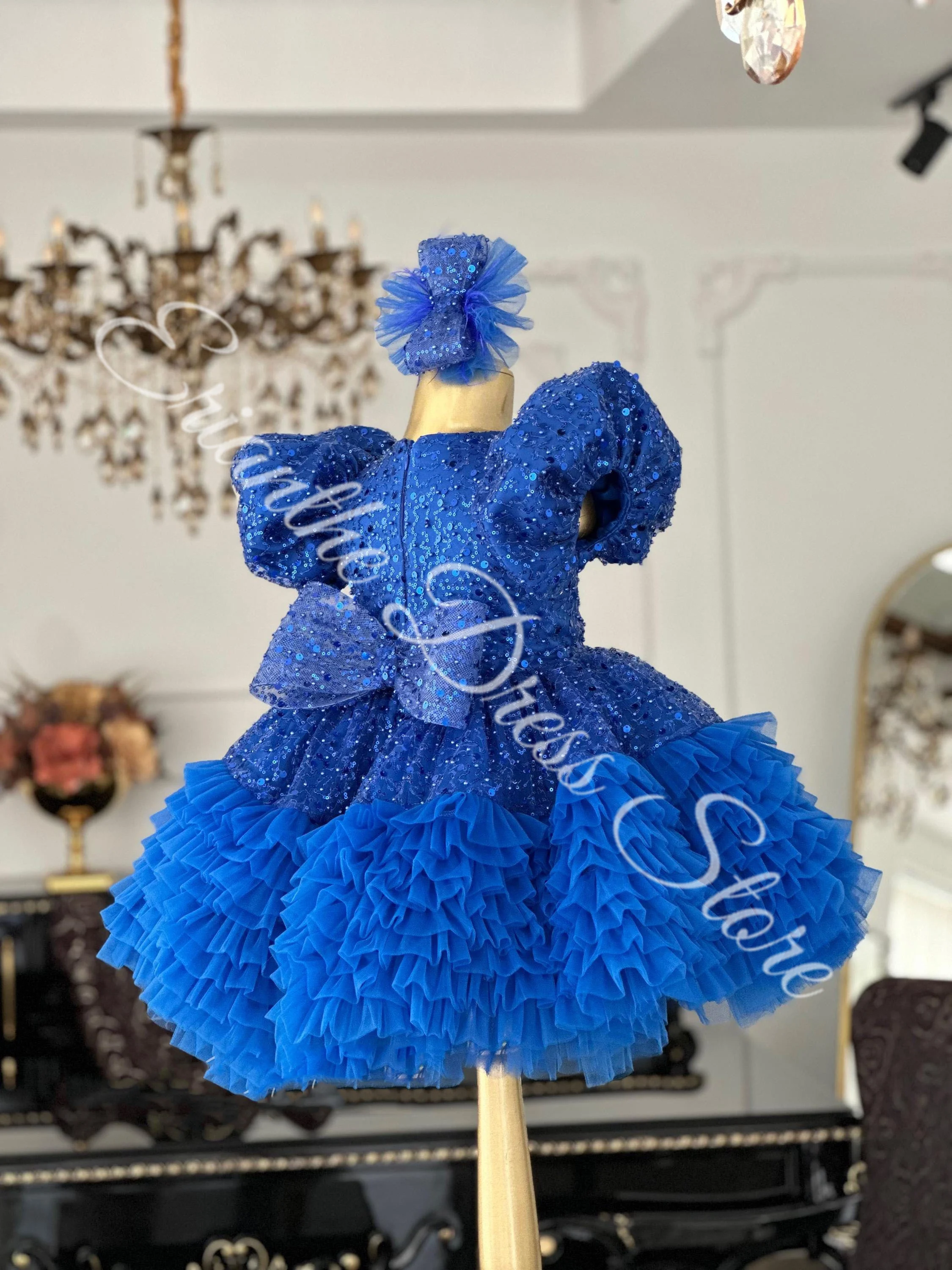 الأزرق منتفخ مع القوس تول لامع أنيق تكدرت الترتر مخصص الاطفال حفلة عيد ميلاد أول بالتواصل فستاين سهرة/فساتين الحفلات حسب الطلب