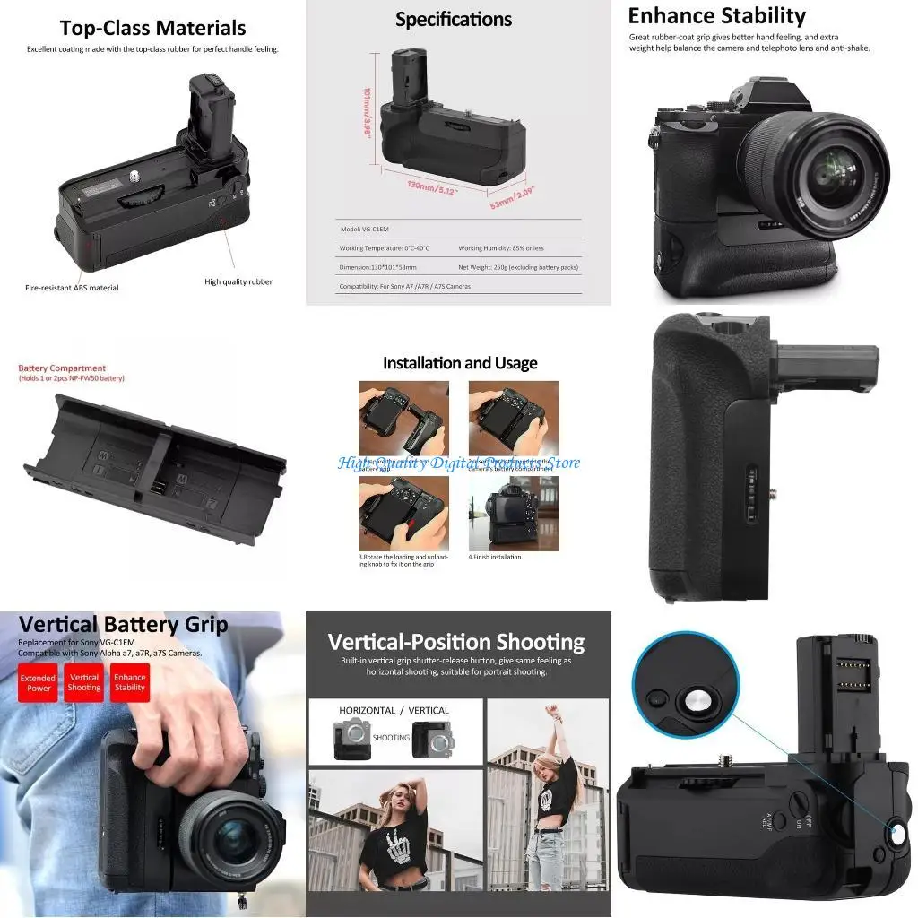 

U2JE VG-C1EM Vertical Grip Extended Grip for Vertical for A7 A7R A7S ILCE-7