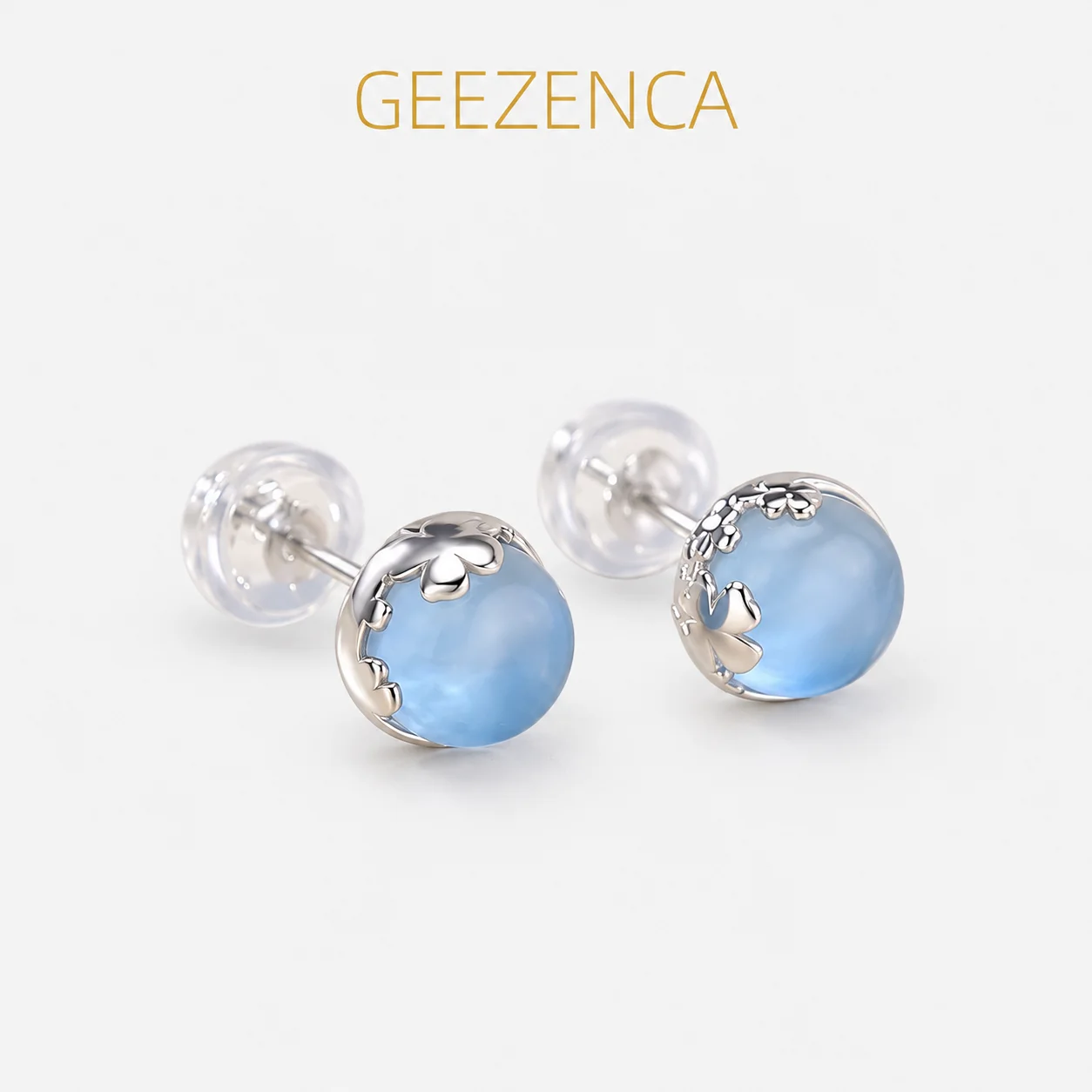 GEEZENCA Blue Aquamarine 925 Silver Clover Round Stud Earrings Women Dainty Lightweight Stackable Small Flat Back Earring Gift